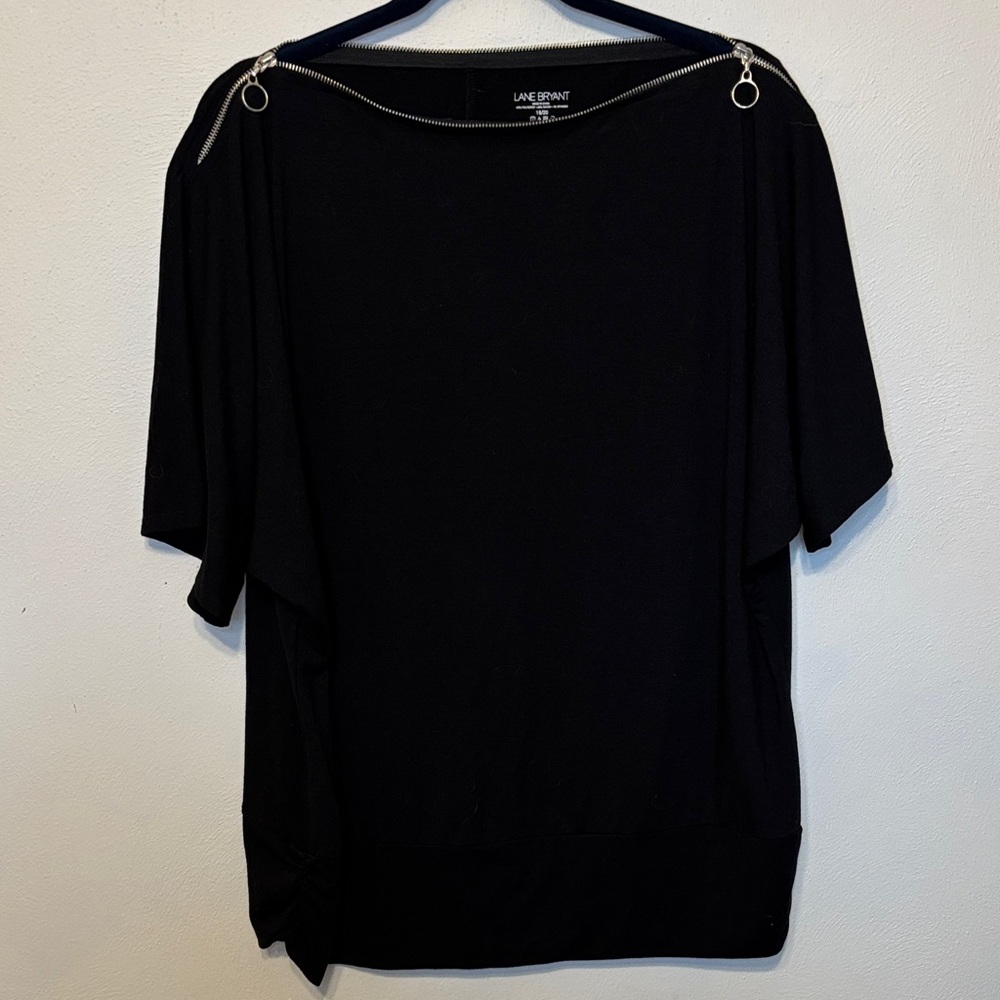 Lane Bryant Black Blouse with Silver Zipper Detail Neckline